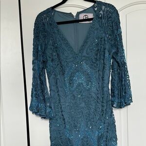 JS Collections Turquoise Blue Bodycon Dress with V-Neck and Bell Sleeves